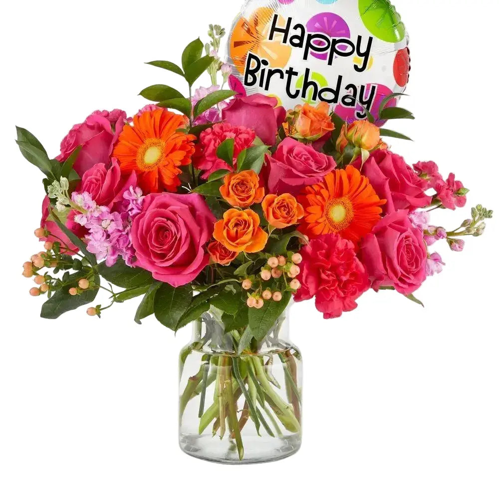 Happy Birthday Bouquet with Balloon - 2 Hour Delivery Miami $75 Great Value MIAMI FLOWERS DESIGN