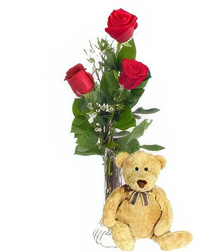 3 Red Roses & Bear