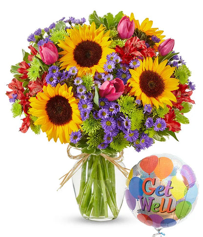 Utopian Sunflower Garden with Get Well Balloon