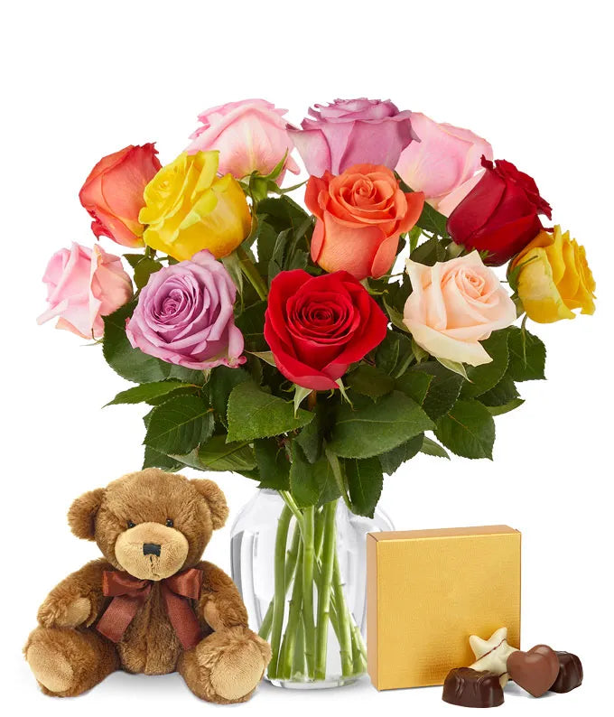 One Dozen Rainbow Roses with Chocolates & Bear