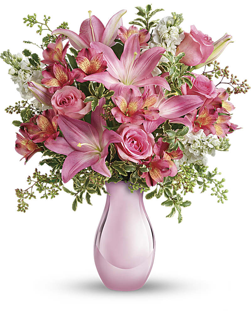 Pink Reflections bouquet in a pink vase featuring lilies, roses, and greenery, perfect for a lovely gift.