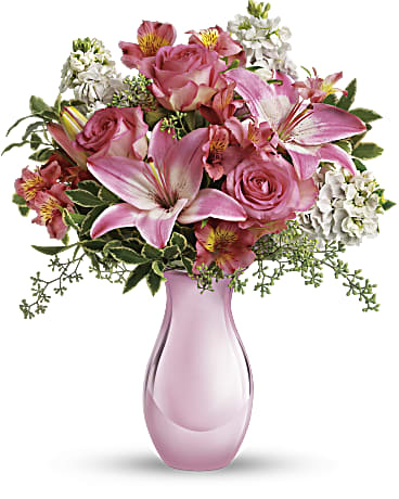 Beautiful bouquet of pink flowers in a pink vase, perfect for making someone’s day. Pink Reflections.